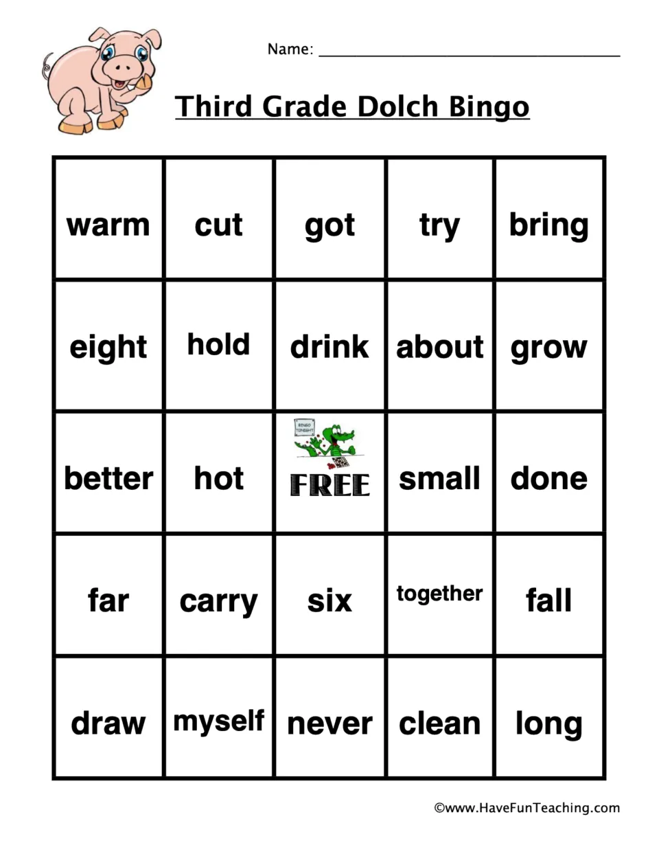 Dolch bingo card 3, pig: students mark called sight words such as warm, cut, got, drink, grow, far and long