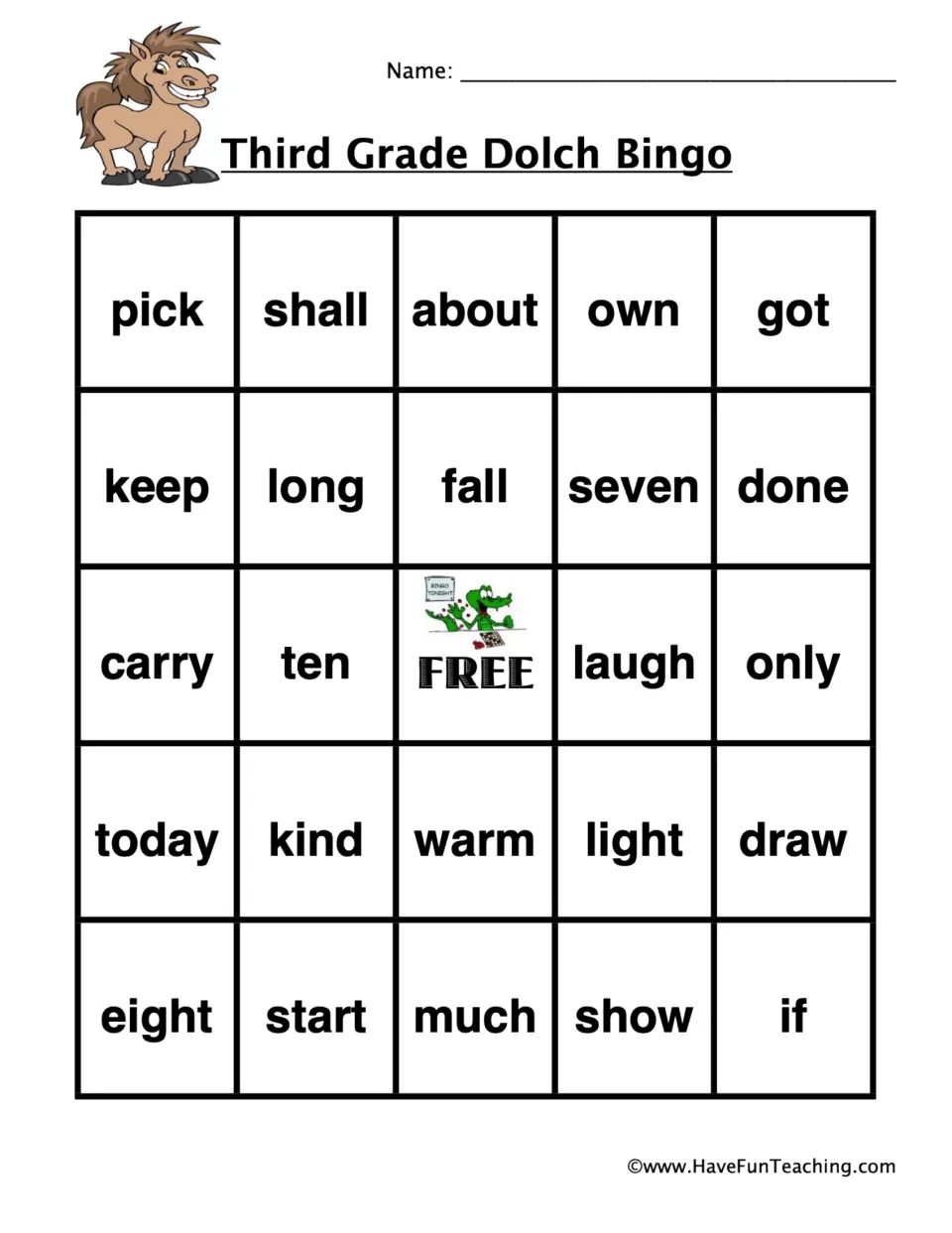 Dolch bingo card 4, horse: students mark sight words read aloud, including pick, shall, own, show, if and much
