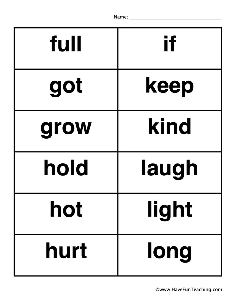 Dolch caller word cards to cut out: full, got, grow, hold, hot, hurt, if, keep, kind, laugh, light and long
