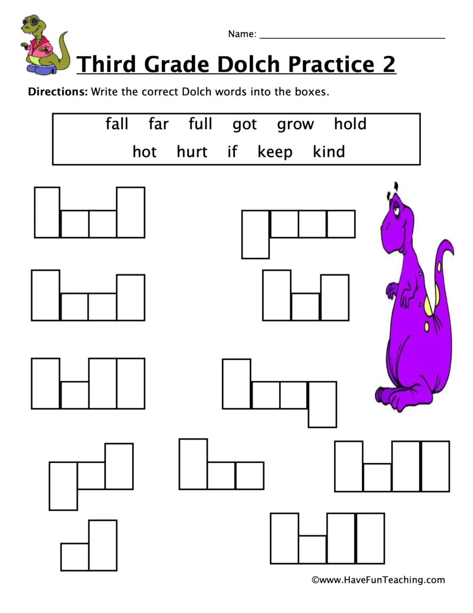 Sight word practice for third grade: fall, far, full, got, grow, hold, hot, hurt, if, keep, and kind.