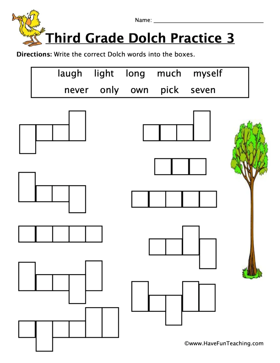 Dolch Practice 3 sight words: students match laugh, light, long, much, myself, never, only, own, pick, seven to word shapes