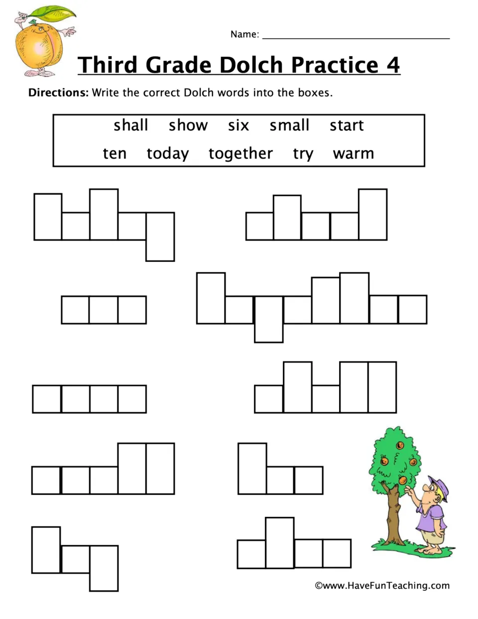 Dolch sight words: students write shall, show, six, small, start, ten, today, together, try and warm into word shapes