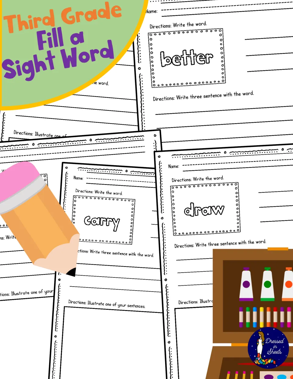 Third Grade Fill a Sight Word cover showing sample pages for better, carry and draw, each with sentence and drawing tasks