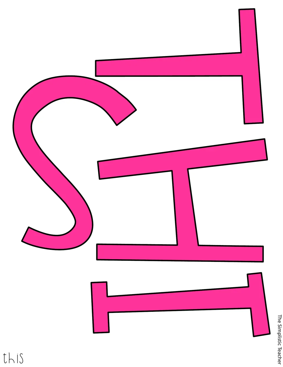 Pink cut-out letters T, H, I, and S form “this” for the color version of the chess-themed classroom display