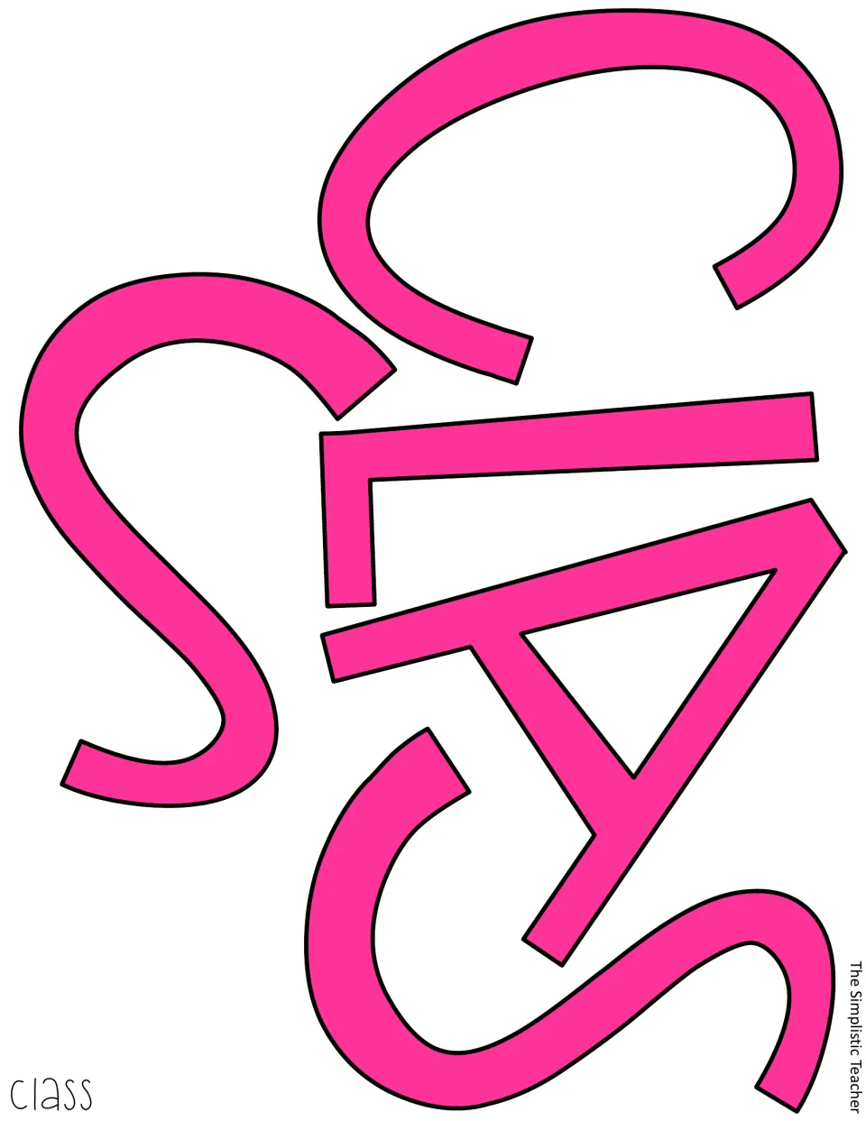 Pink cut-out letters C, L, A, S, and S form “class” for the color version of the chess-themed classroom display