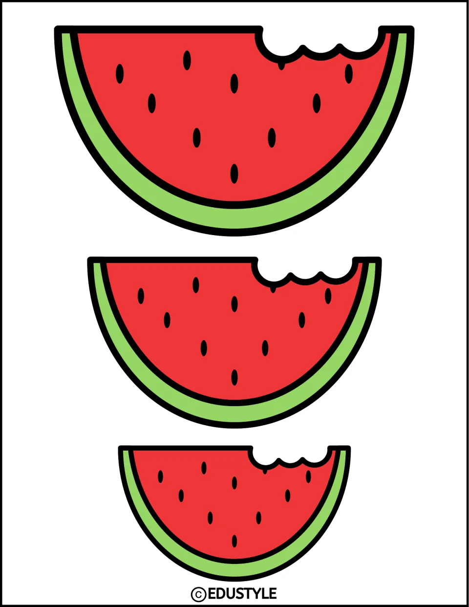 Three watermelon slices in graduated sizes, each bitten on the right, for the summer bulletin board display