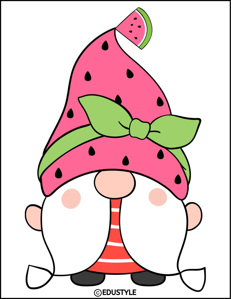 Gnome decoration with a pink watermelon hat, green bow, and white braids for the summer bulletin board kit