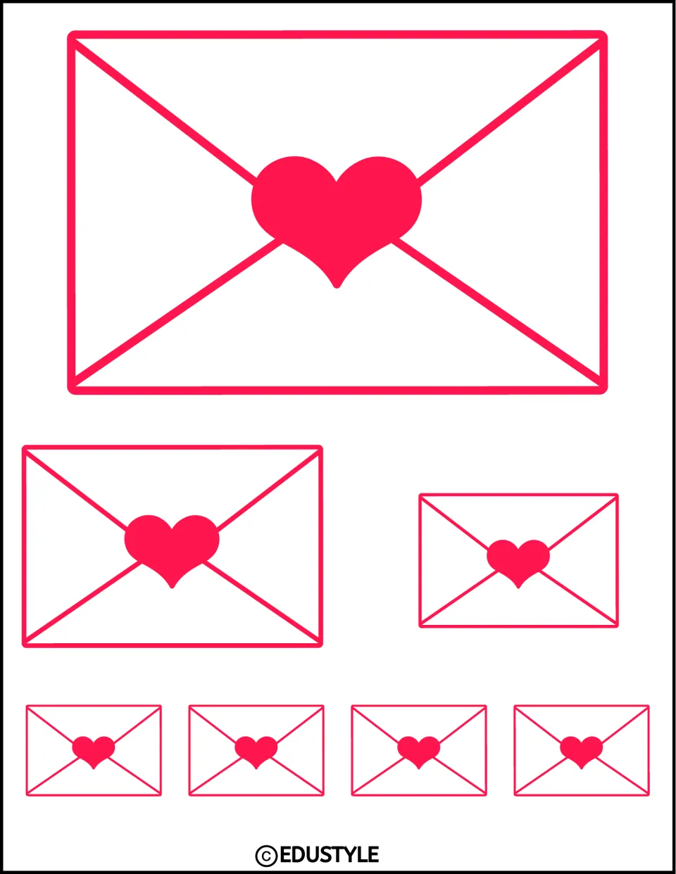 Seven envelope accents in different sizes with bright pink hearts for Valentine's Day boards and door decor