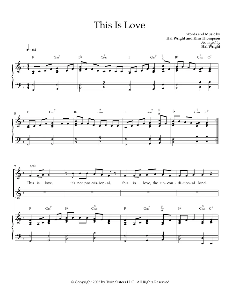 Song opening by Hal Wright and Kim Thompson: piano intro in F, then the kids' verse "it's not provisional" with chords