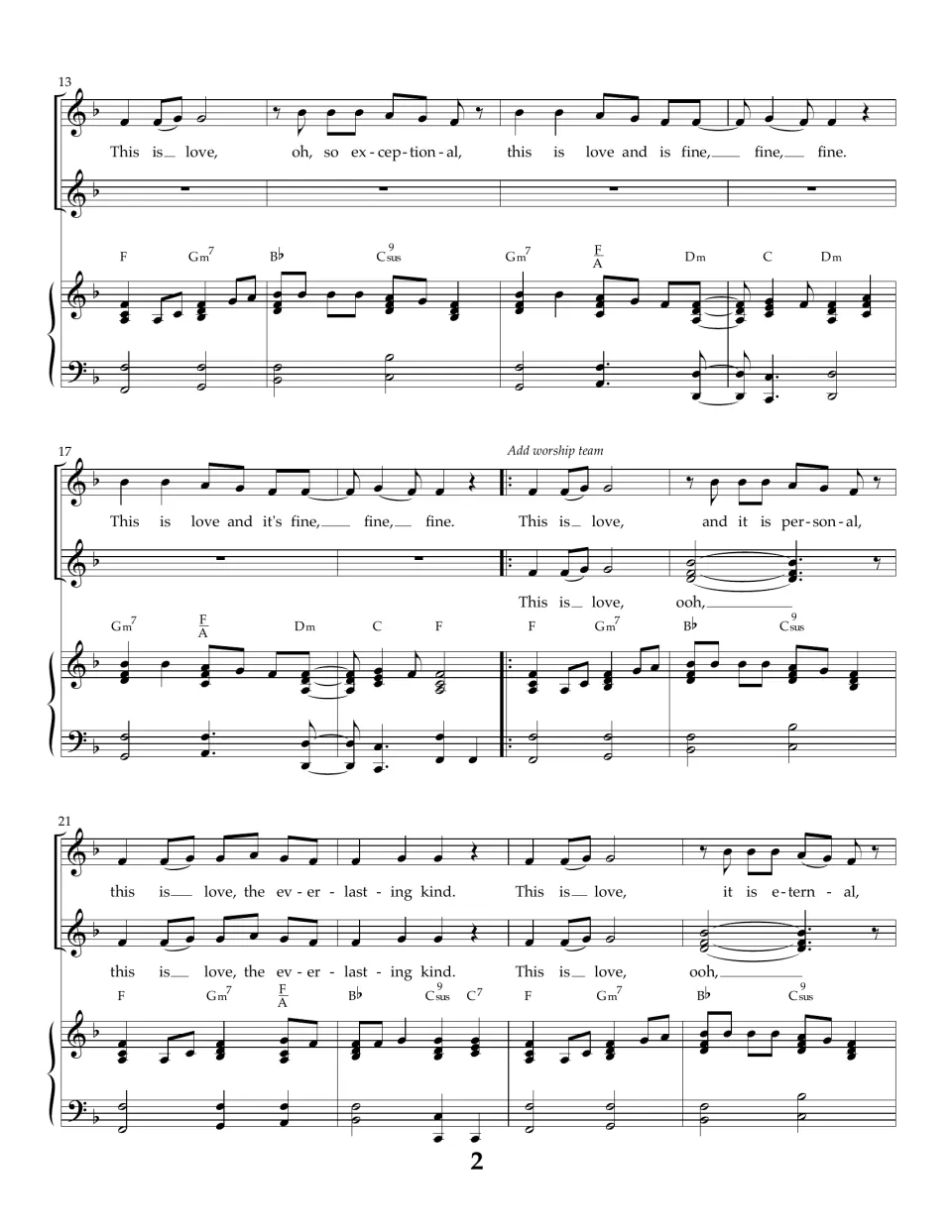Song score, bars 13-24: kids sing "so exceptional" and "everlasting kind" as the worship team adds an "ooh" harmony line