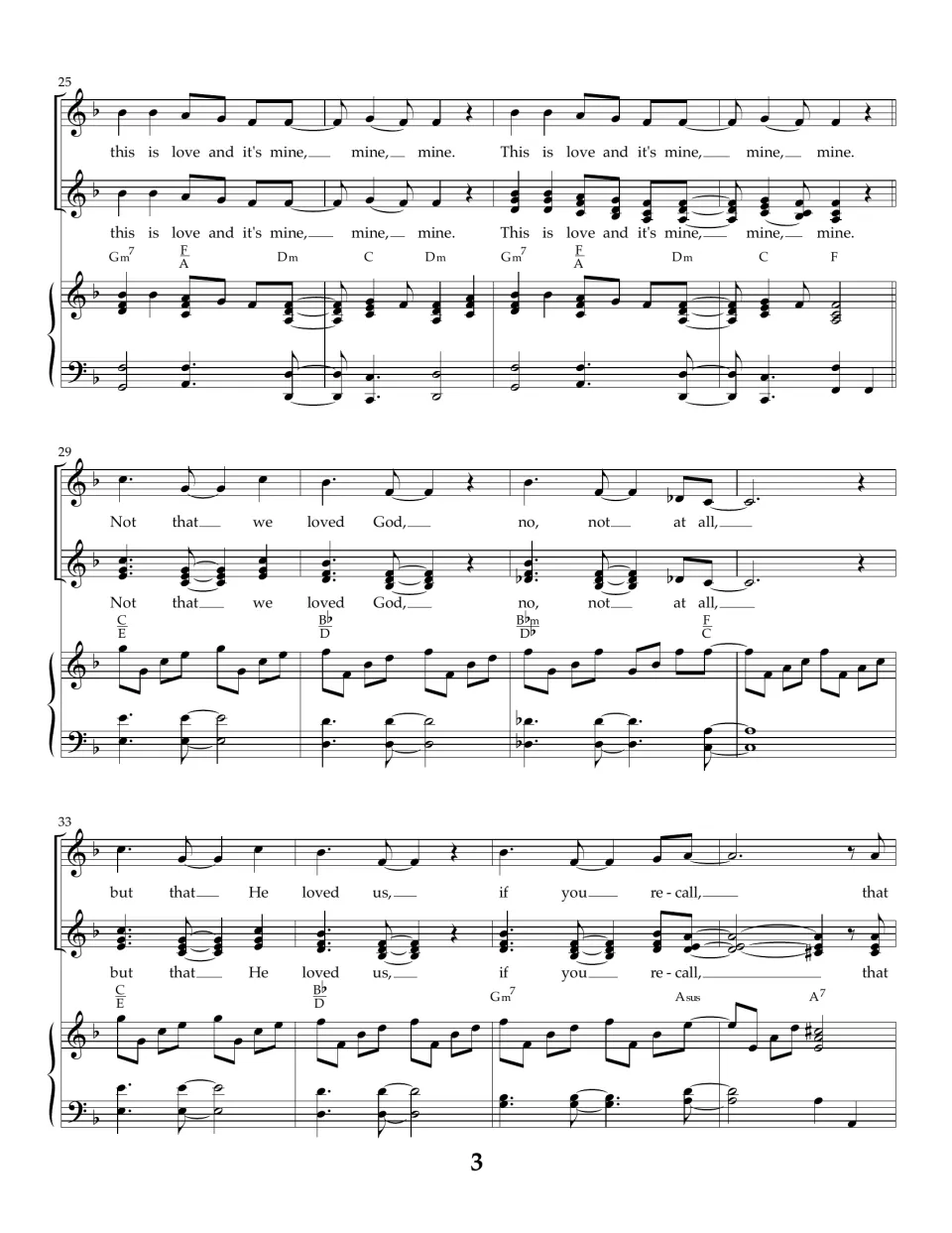 Song score, bars 25-36: "it's mine, mine, mine" refrain, then the bridge "Not that we loved God, but that He loved us"