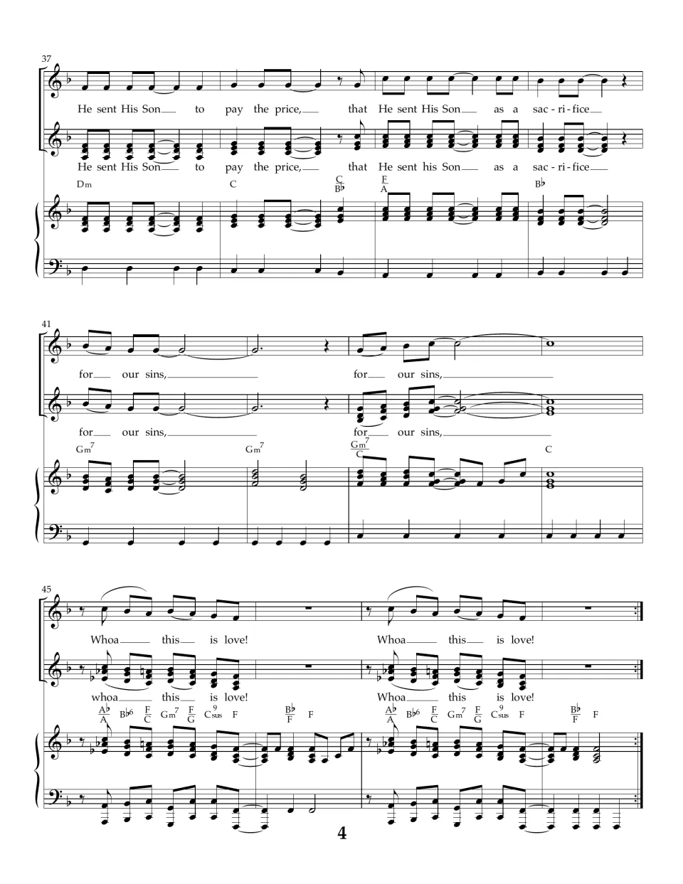 Song score, bars 37-48: bridge lyrics "He sent His Son to pay the price" and "for our sins" then a repeated "Whoa" tag
