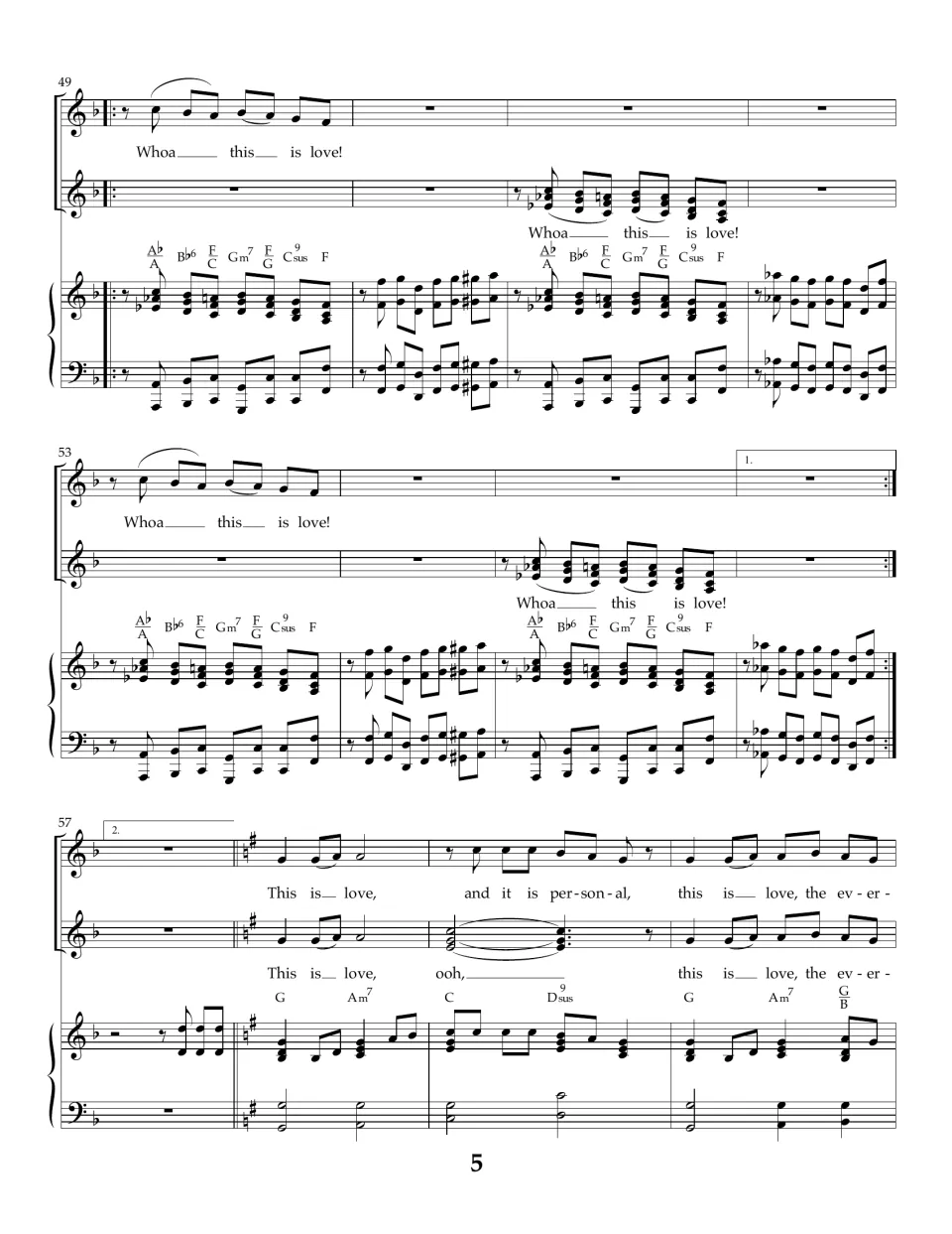 Song score, bars 49-60: "Whoa" echoed between voices, first and second endings, then a key change to G major