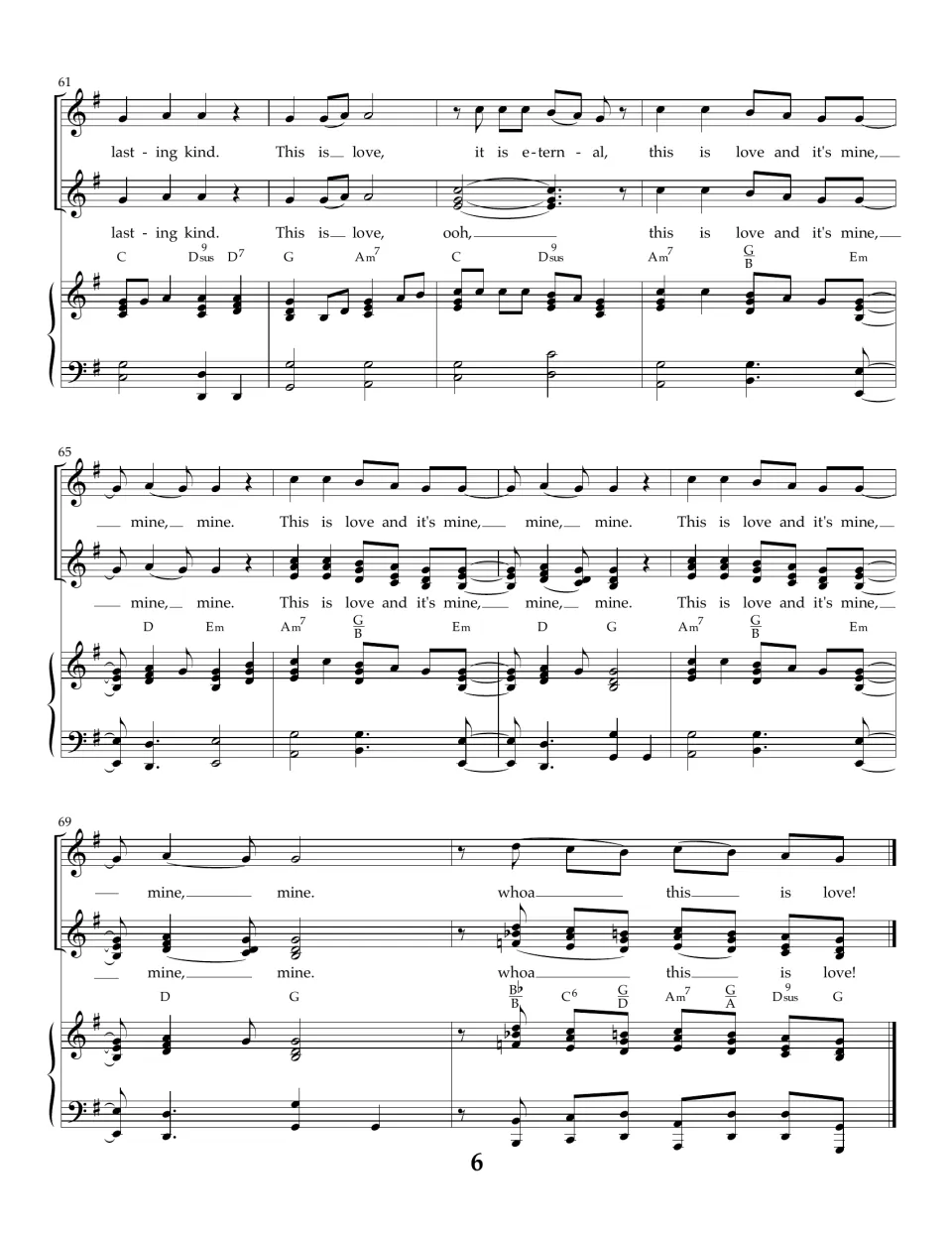 Song score, bars 61-72 in G major: "it is eternal" and "it's mine" refrains, ending on a final "whoa" and closing chords