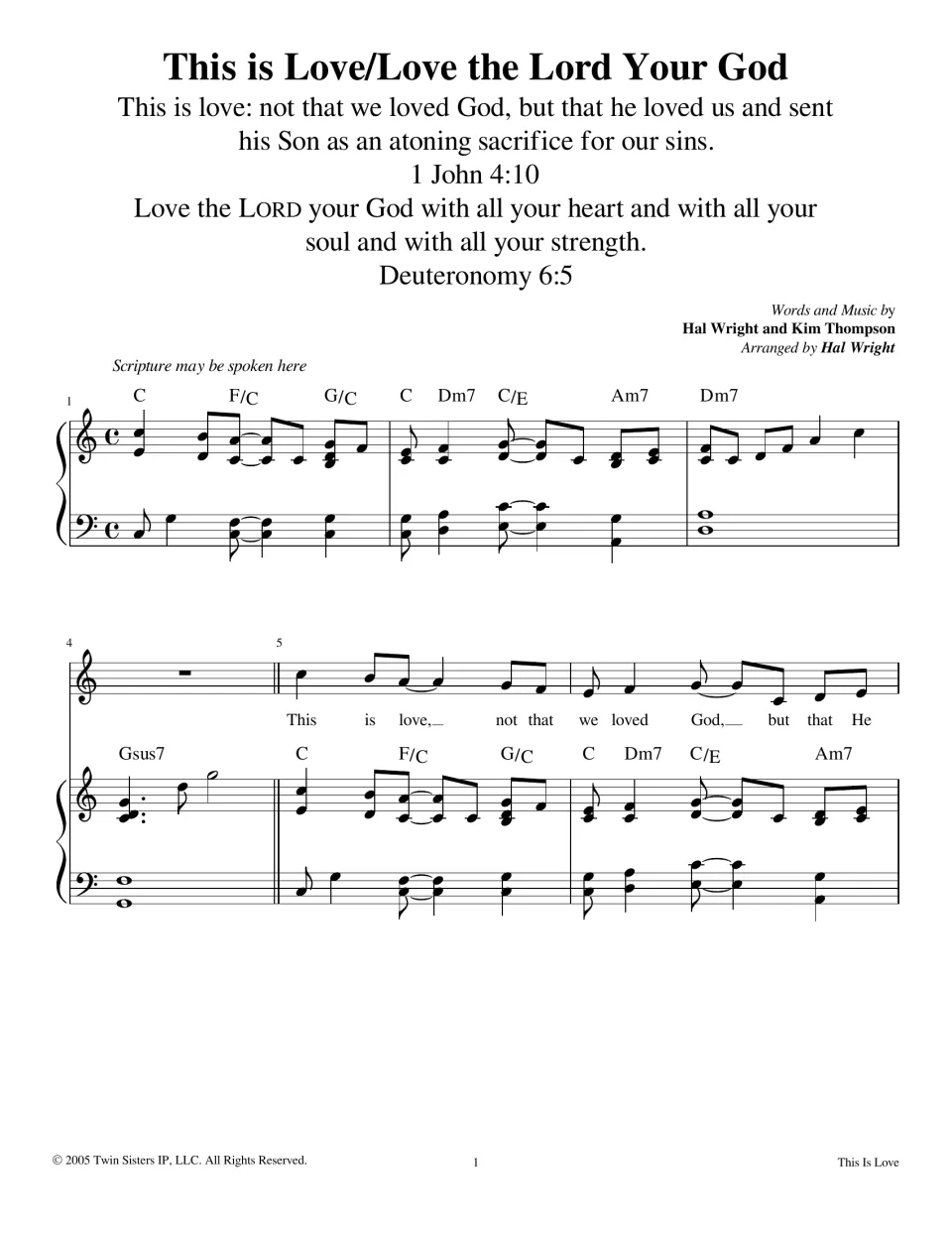 Song opening quoting 1 John 4:10 and Deuteronomy 6:5; piano intro, then the vocal line starts "This is love" in C