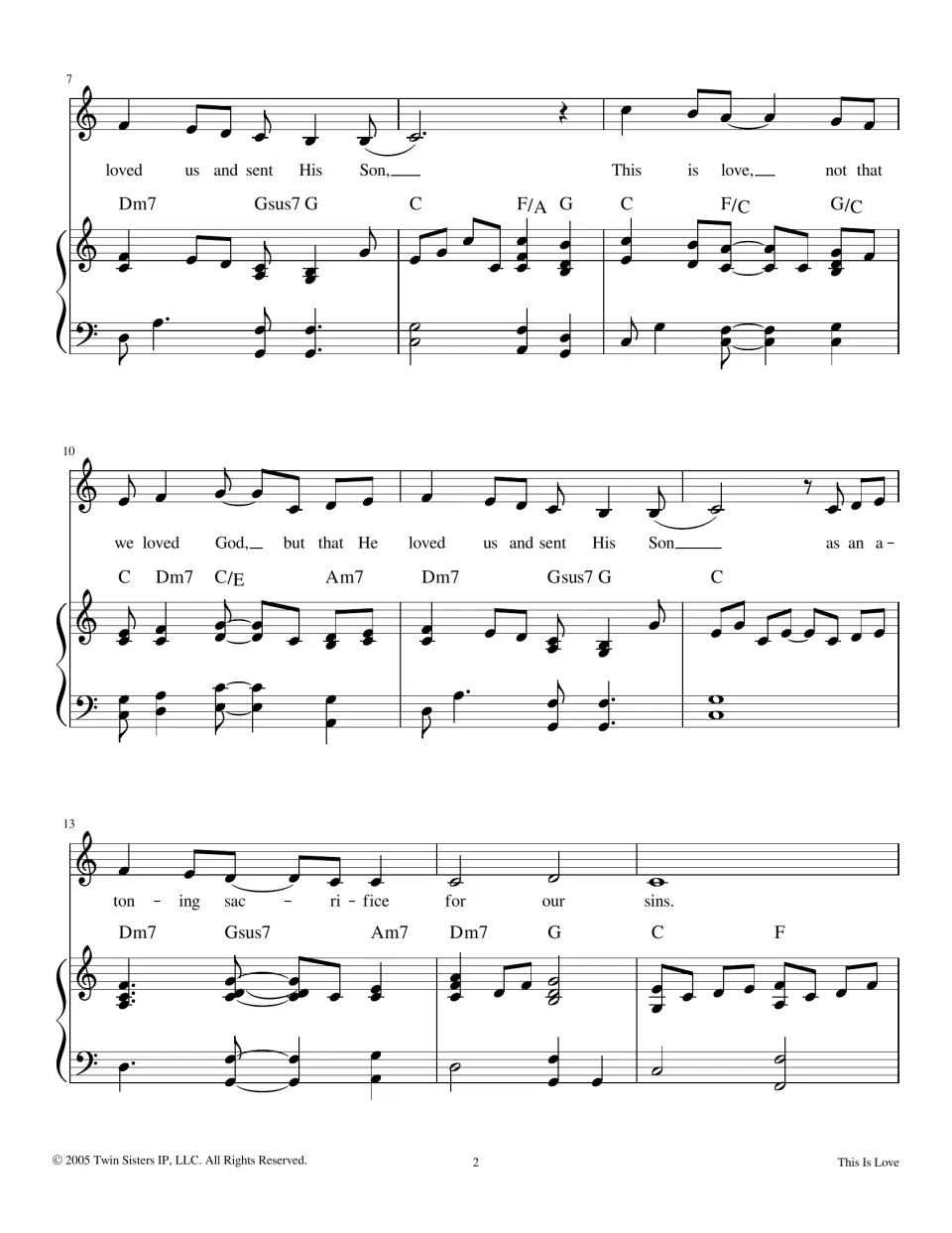 Vocal and piano score, bars 7-15: melody sings "loved us and sent His Son" and ends "atoning sacrifice for our sins"