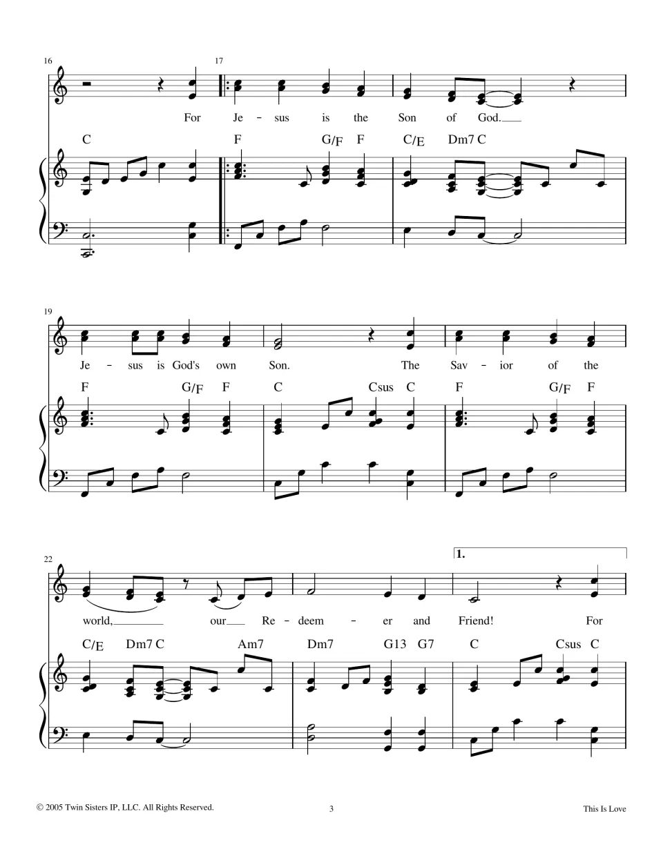 Chorus at bars 16-24: "For Jesus is the Son of God... The Savior of the world, our Redeemer and Friend!" with 1st ending