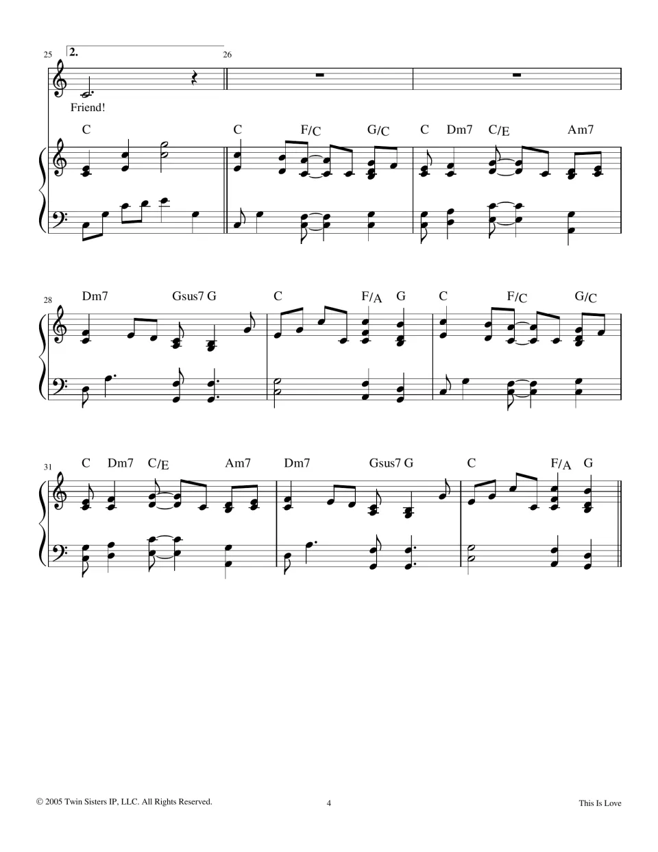 Second ending on "Friend!" at bar 25, followed by an instrumental piano interlude in C through bar 33 with chord symbols