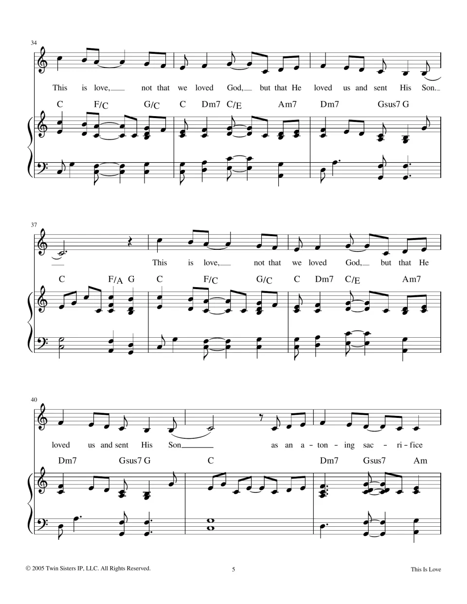 Return of the "This is love" verse, bars 34-42: vocal melody repeats the 1 John 4:10 words up to "atoning sacrifice"