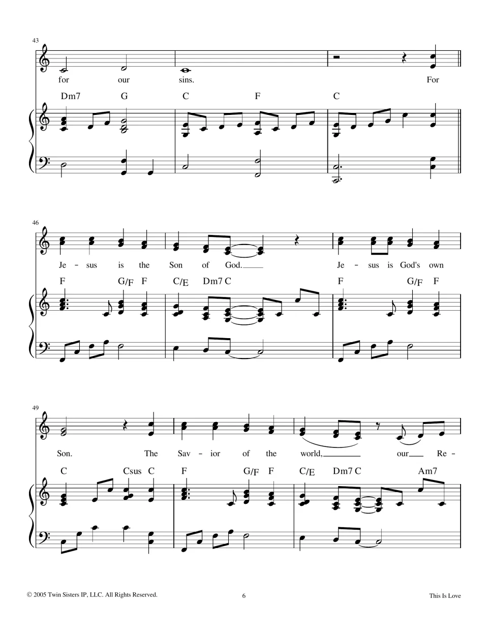 Bars 43-51: verse closes on "for our sins," then chorus returns with "Jesus is the Son of God" and "Savior of the world"