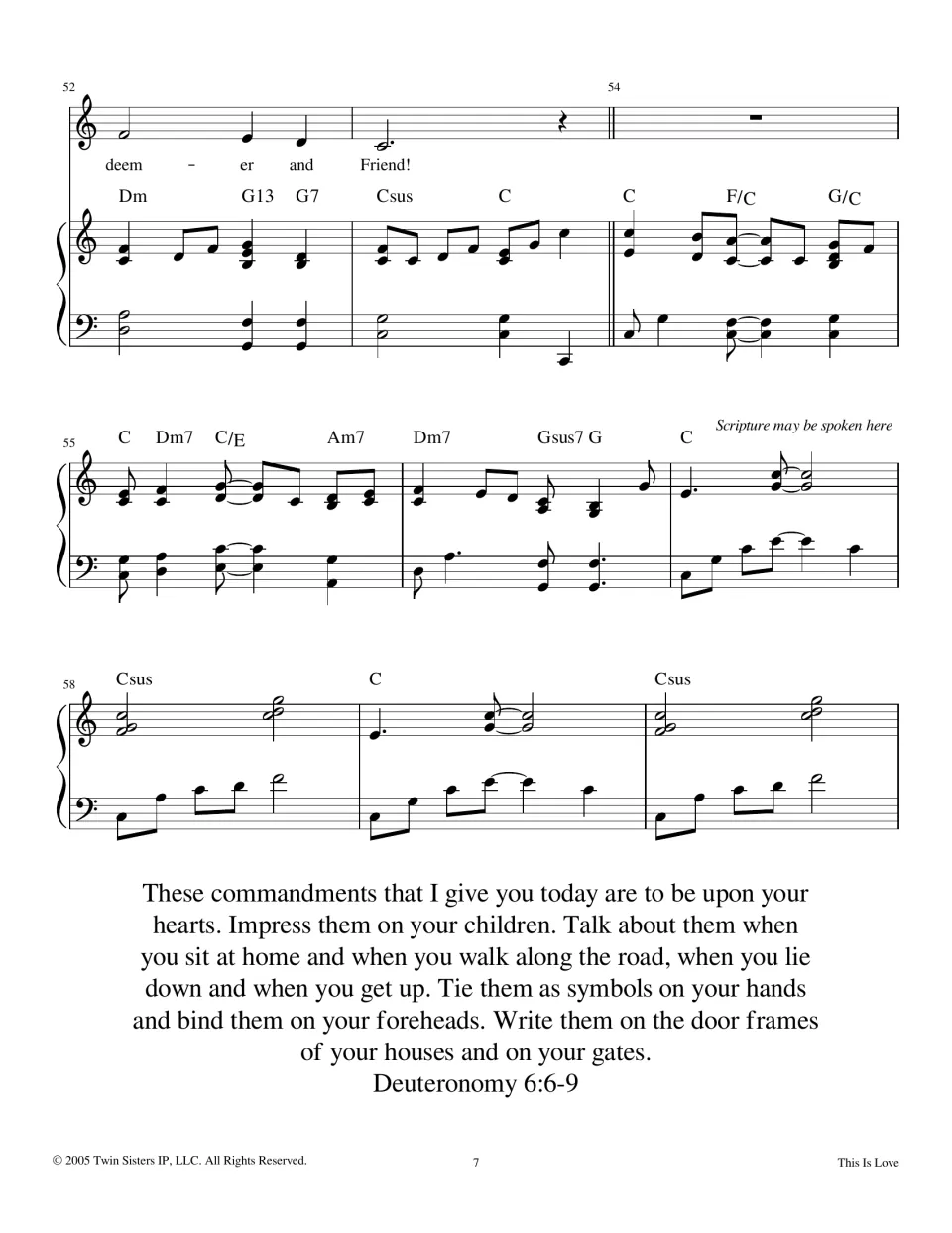 Chorus ends on "Redeemer and Friend!" then a piano bridge marked for spoken scripture, with Deuteronomy 6:6-9 below