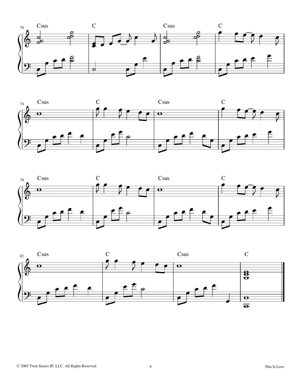 Piano ending, bars 70-86: alternating Csus and C chords under a repeated melodic figure, closing on a final C chord