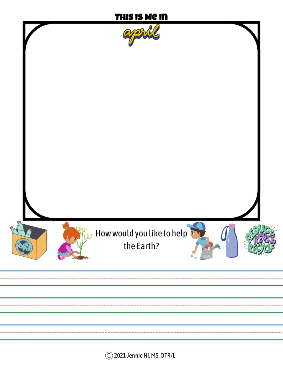 April journal page for drawing yourself and writing about how you would like to help the Earth