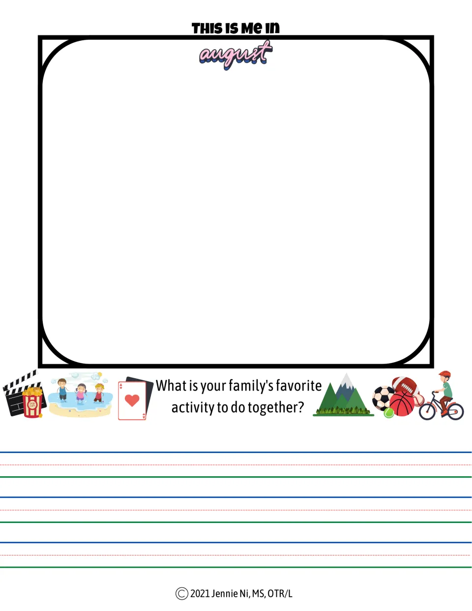 August journal page for drawing yourself and writing about your family's favorite activity to do together