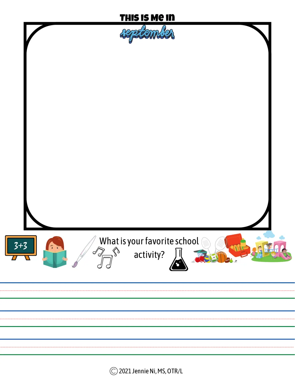 September journal page for drawing yourself and writing about your favorite school activity, with picture cues