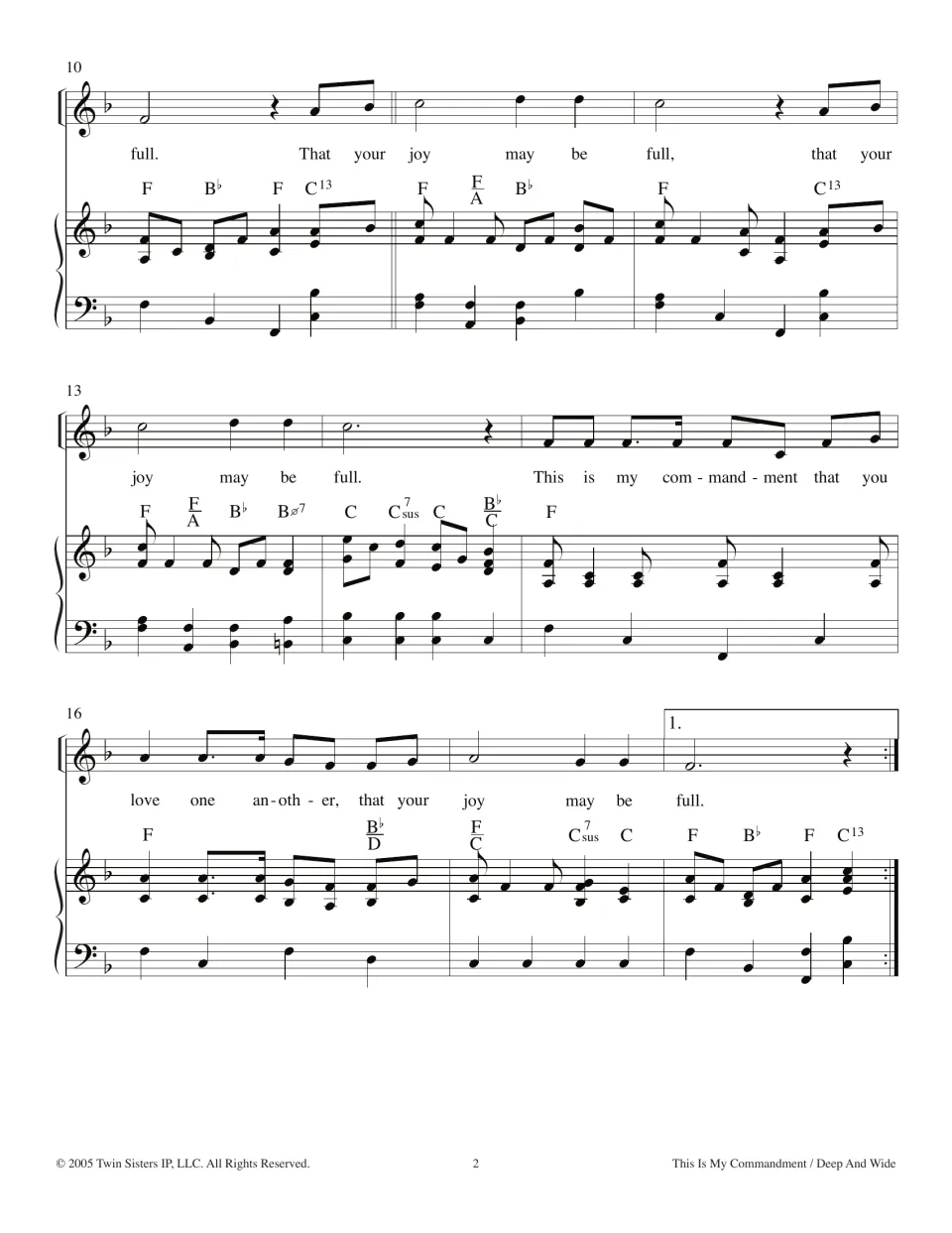 Sheet music bars 10-18: 'That your joy may be full' refrain, the verse again, and a first ending with repeat sign