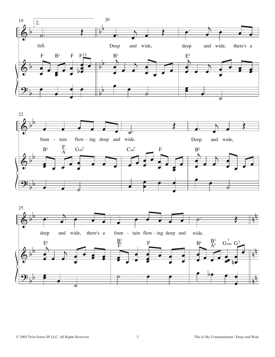 Second ending, then 'Deep and Wide' begins in B-flat, bars 19-27: melody, lyrics and chords about a flowing fountain