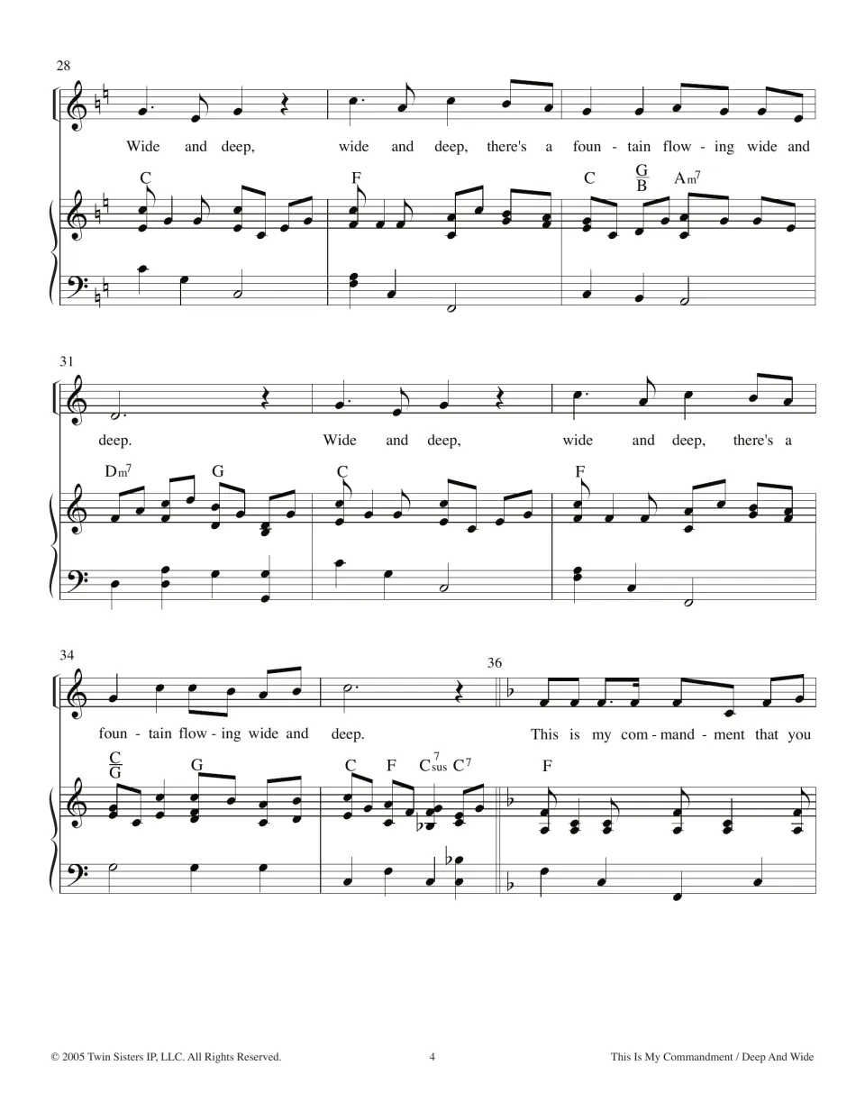 Bars 28-36 in C major: 'Wide and deep' lyrics reversed, then a key change back to F as the commandment verse returns
