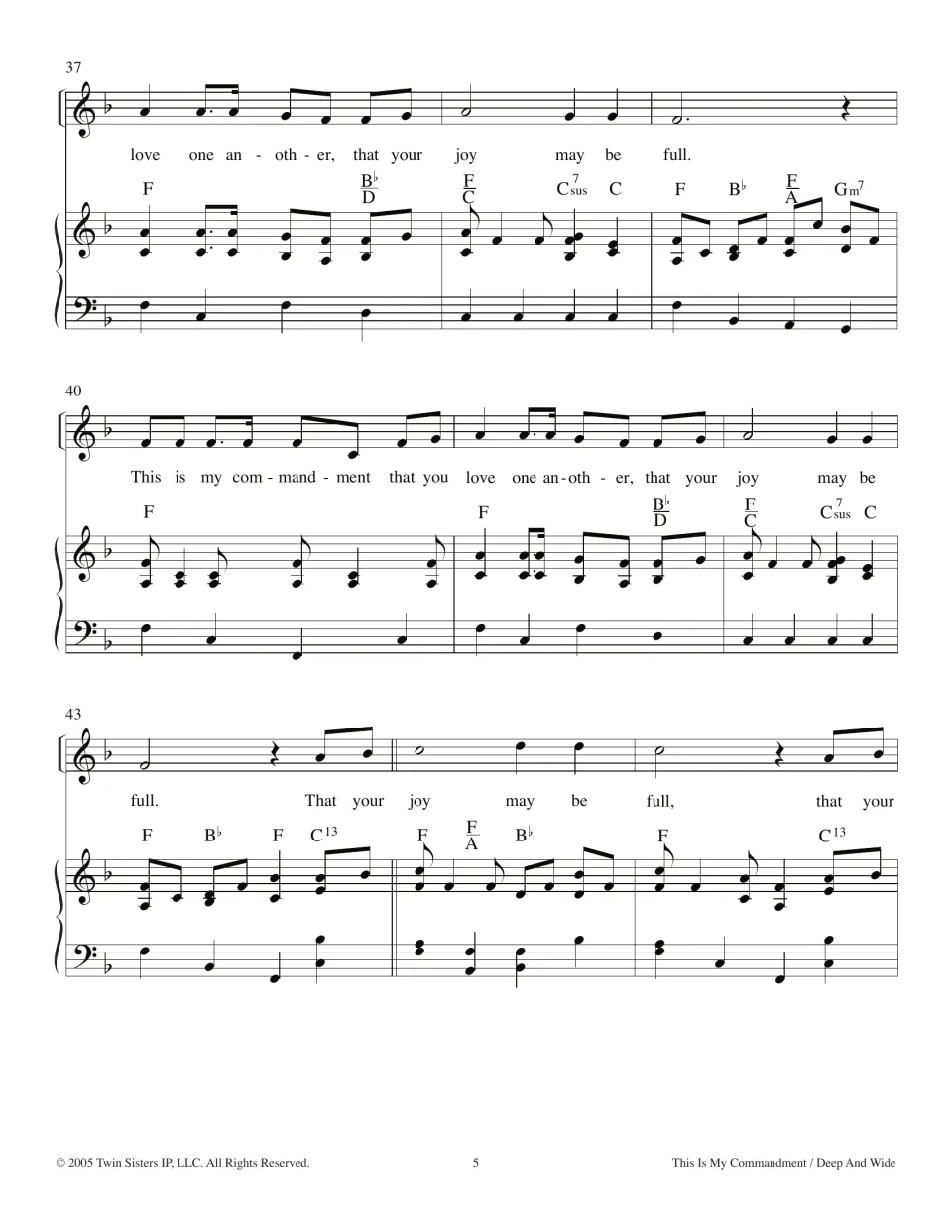Bars 37-45 of the score: reprise of 'love one another' verse and 'That your joy may be full' refrain with piano chords