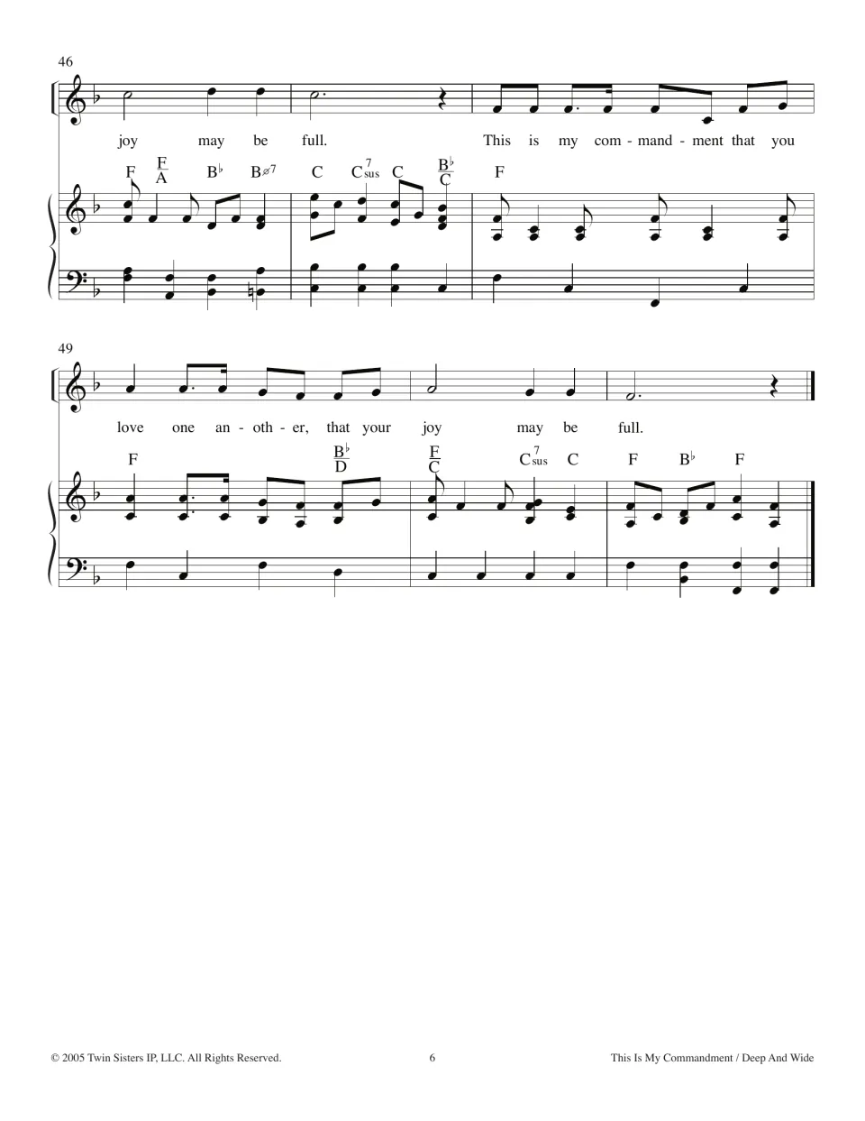 Final bars 46-51: last 'joy may be full', then the closing verse 'love one another' ending on an F chord