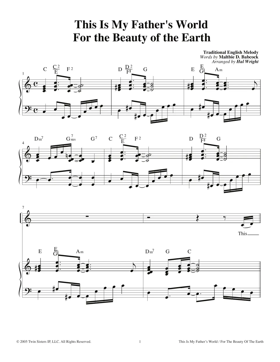 Hymn medley opening, Hal Wright arrangement: piano introduction in C, bars 1-8, with chord symbols before the voice enters