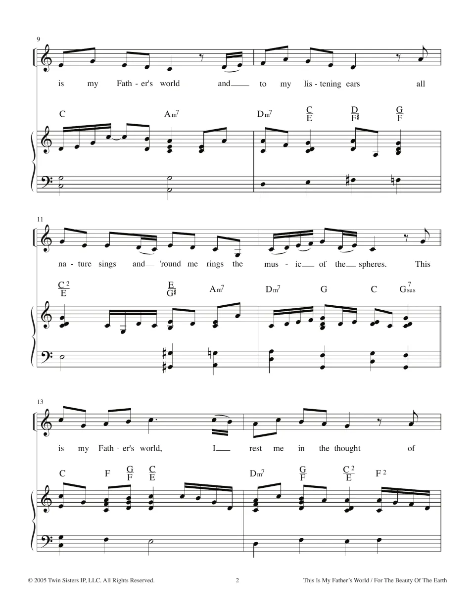 Verse 1 vocal line, bars 9-14: singers read "is my Father's world and to my listening ears" over piano chords