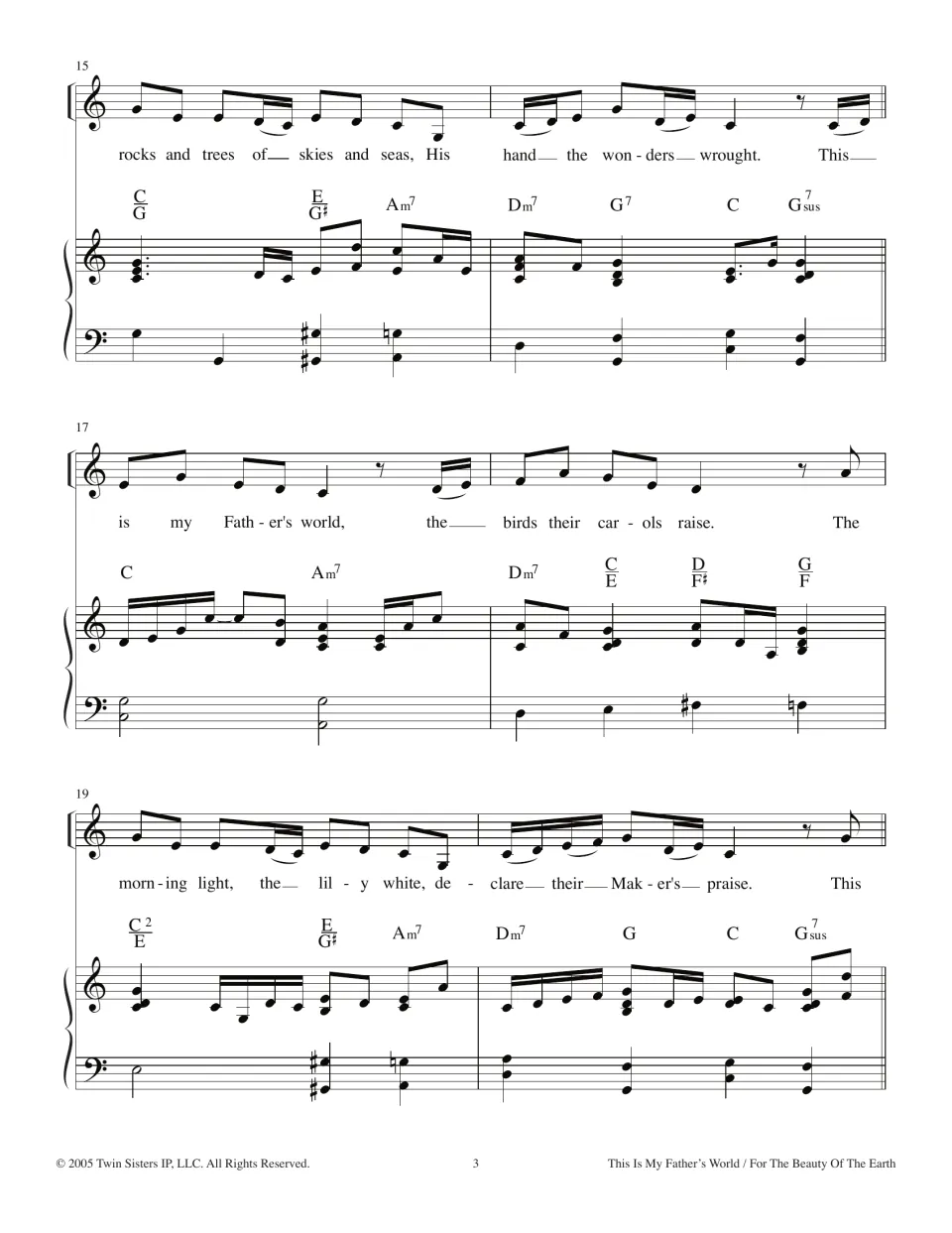Verse 1 ends and verse 2 begins, bars 15-20: lyrics about rocks, trees, birds' carols and the lily white, with piano part