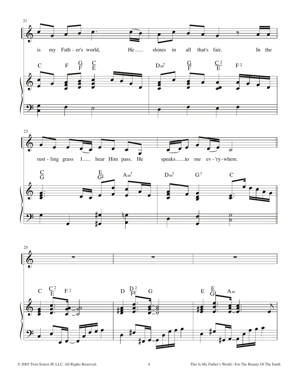 Verse 2 close, bars 21-27: "He shines in all that's fair" and "rustling grass" lyrics, then a piano interlude