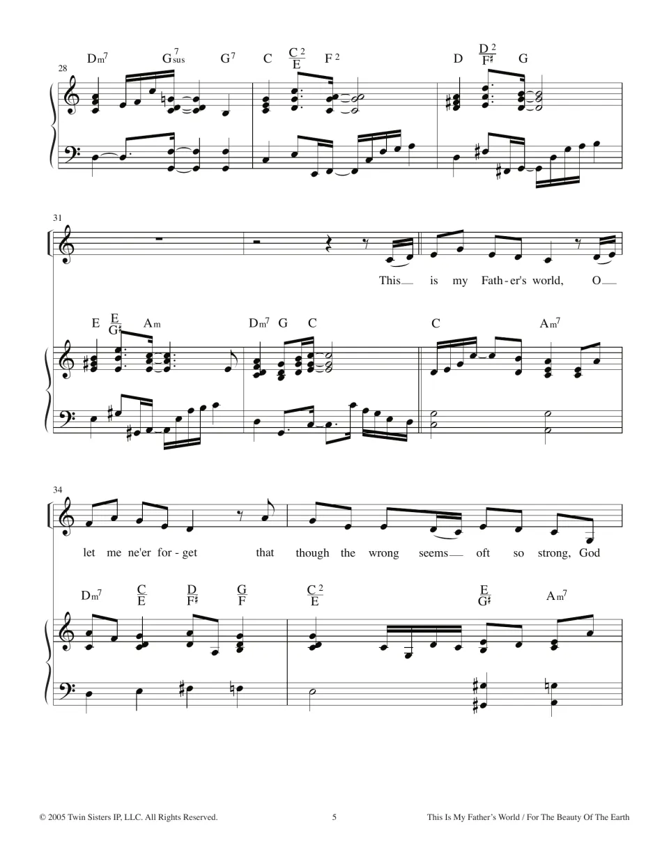 Interlude into verse 3, bars 28-35: piano chords lead to "O let me ne'er forget that though the wrong seems oft so strong"