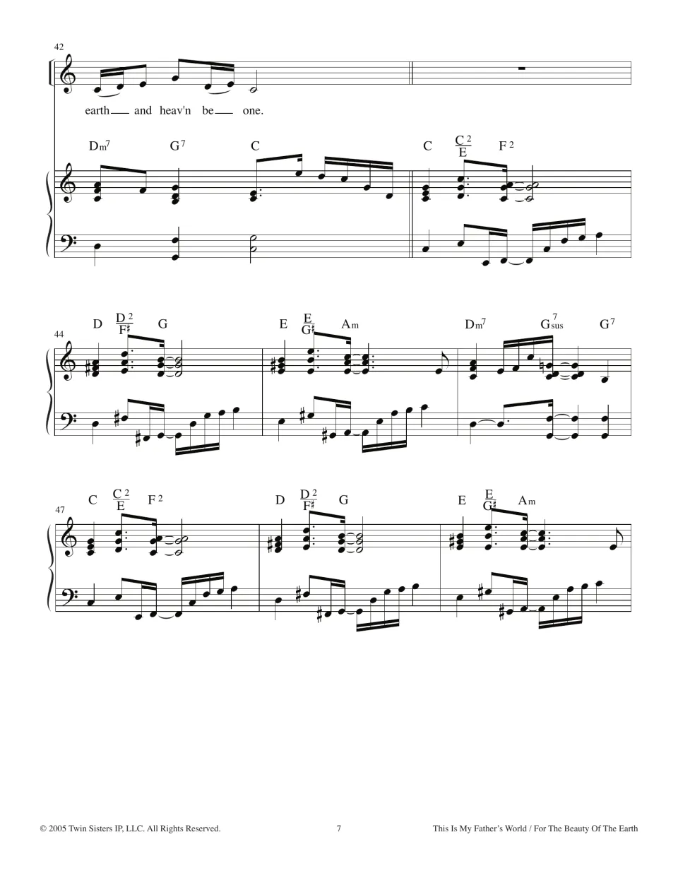 First hymn ends at bar 42 on "earth and heav'n be one," then a piano-only transition in C runs through bar 49
