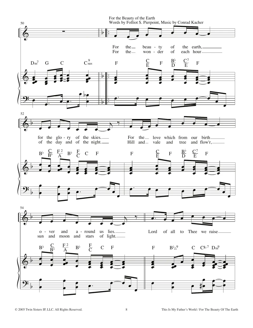 For the Beauty of the Earth begins in F, bars 50-55, with two verses of lyrics stacked under a repeated vocal line