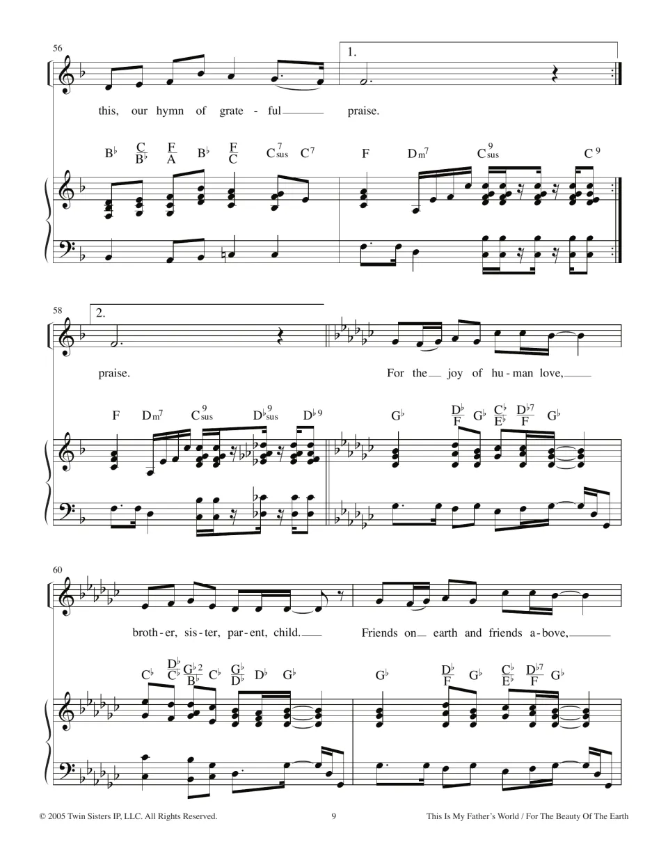 Verse end with first and second endings, then a key change to G-flat for "For the joy of human love," bars 56-61