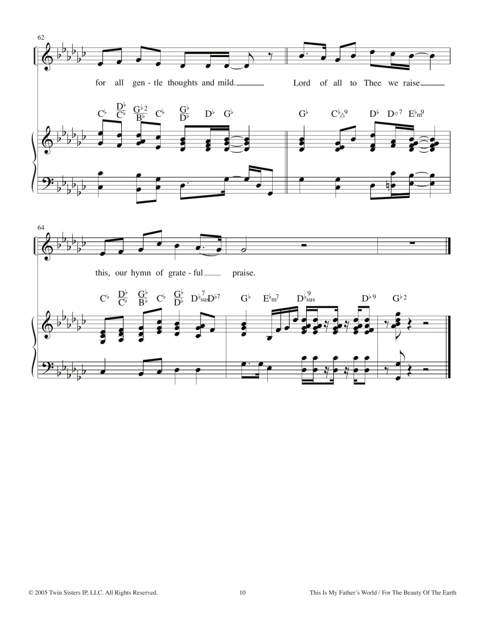 Final bars 62-66 in G-flat: "for all gentle thoughts and mild" and "Lord of all to Thee we raise" to the closing chord