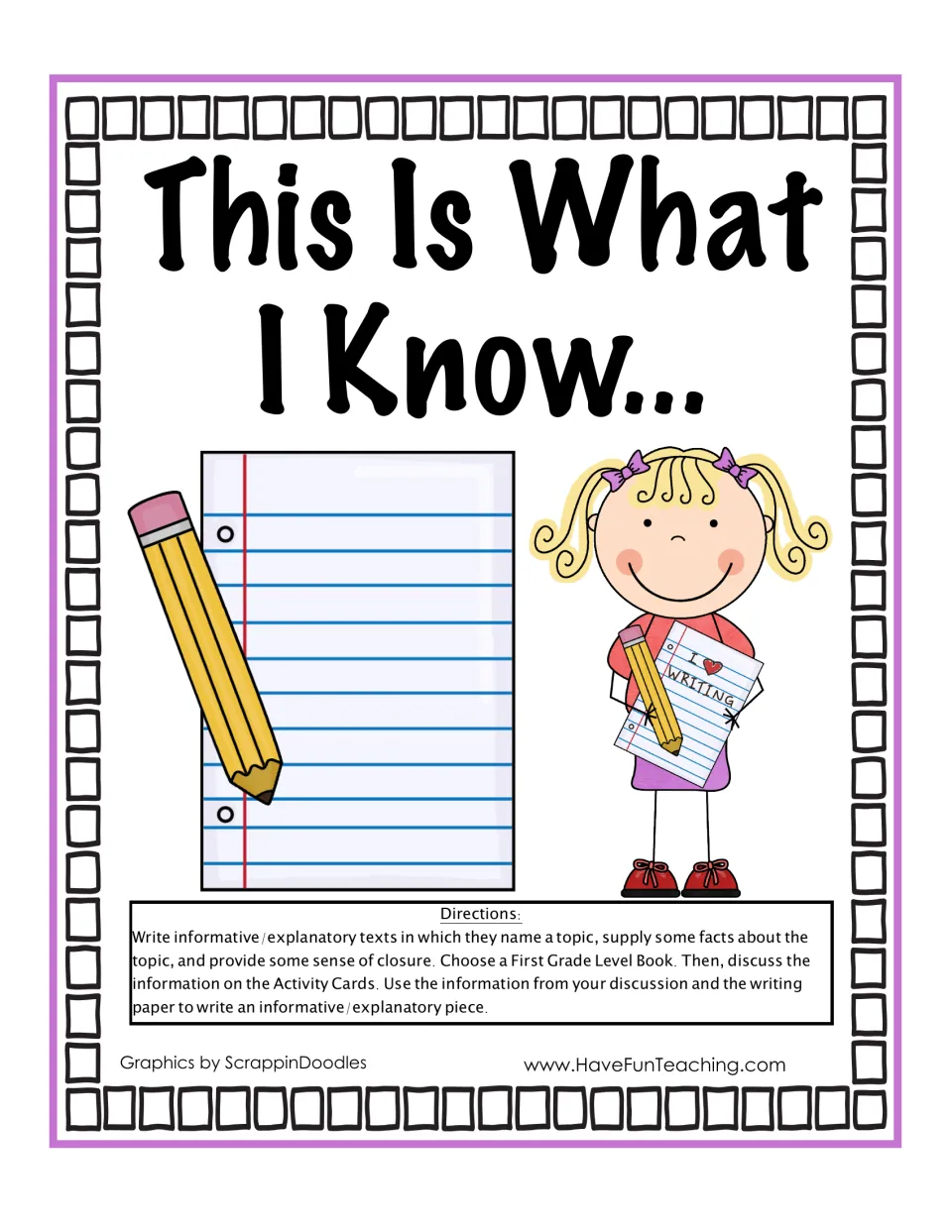 This Is What I Know cover: directions to read a book, discuss the activity cards and write an informative piece
