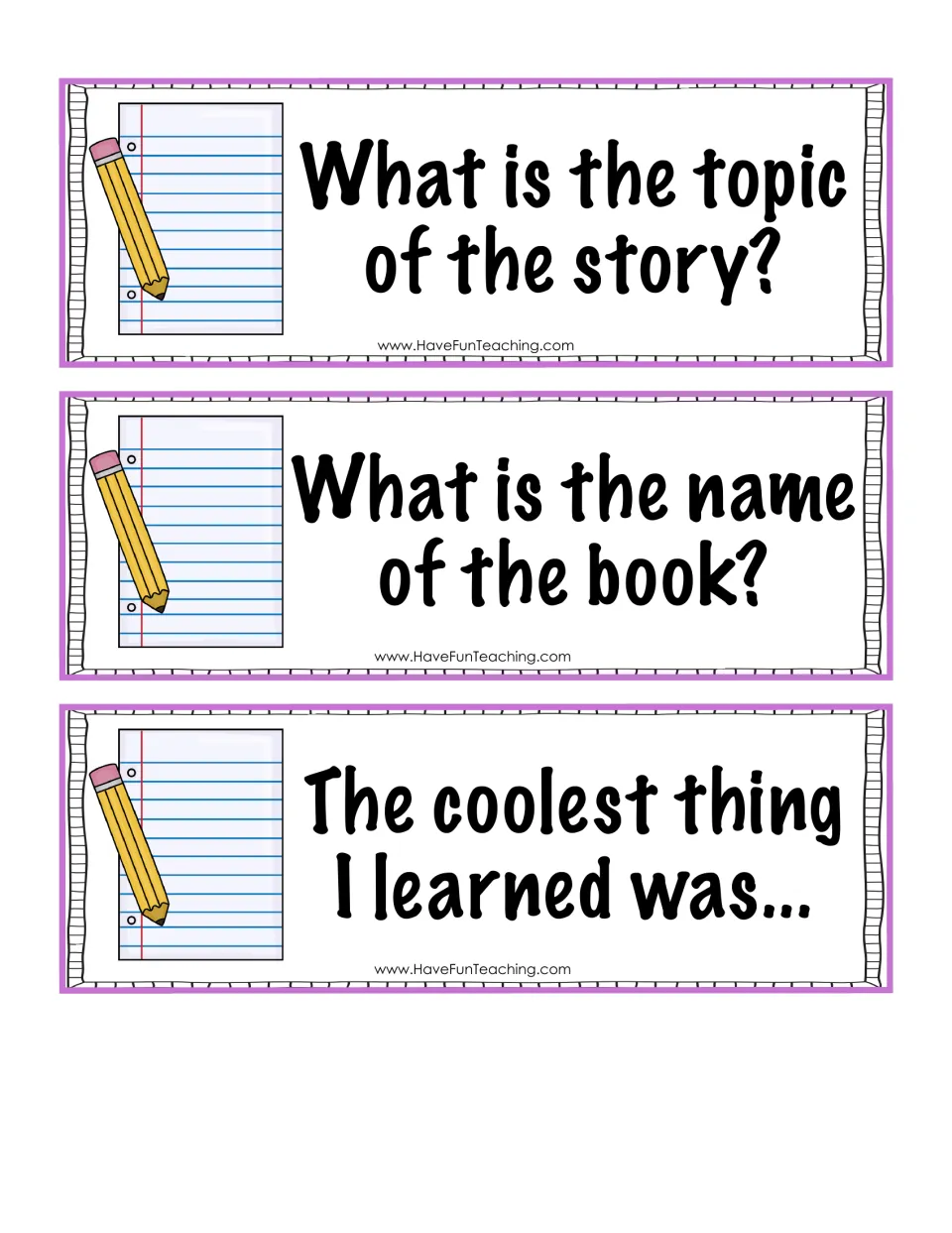 Book discussion cards asking the topic of the story, the name of the book and the coolest thing students learned