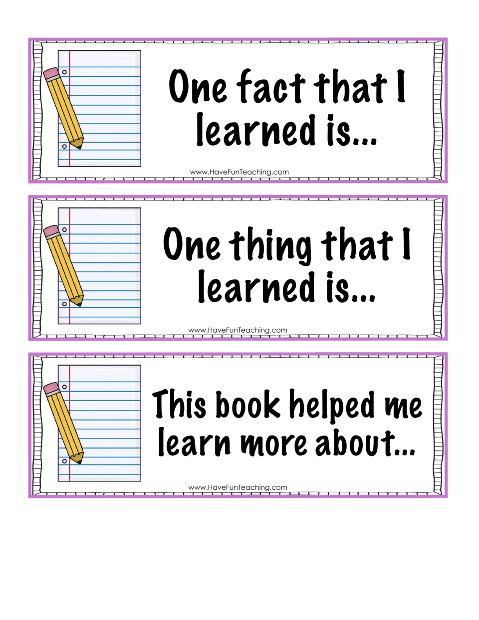 Fact-sharing prompt cards: one fact that I learned, one thing that I learned, this book helped me learn more about...