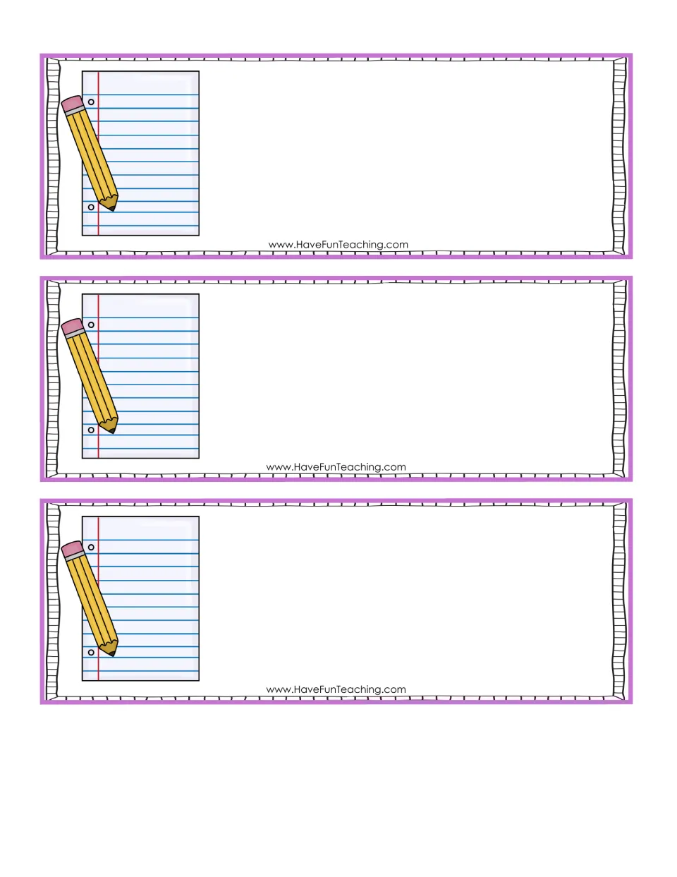 Three blank discussion cards with pencil clip art, for writing new book questions or sentence starters