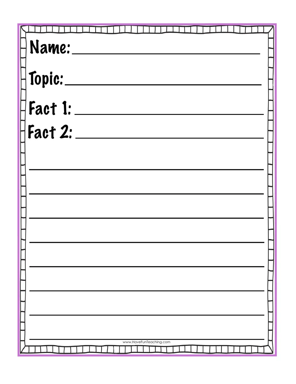 Informative writing paper: students fill in name, topic, fact 1 and fact 2, then write a short piece on the topic