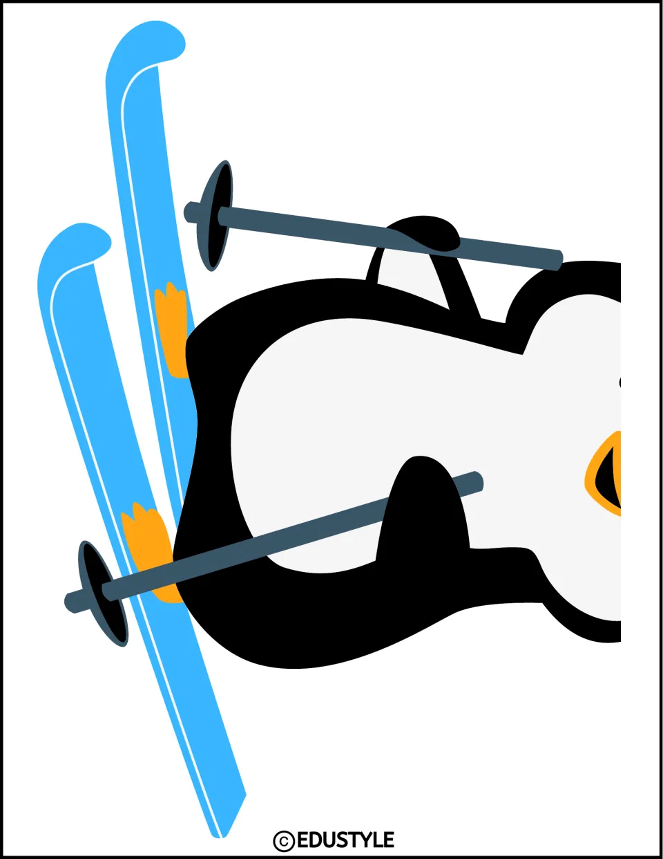 Cut-out piece: other half of the big sideways penguin with blue skis and poles, showing its upper body and beak tip