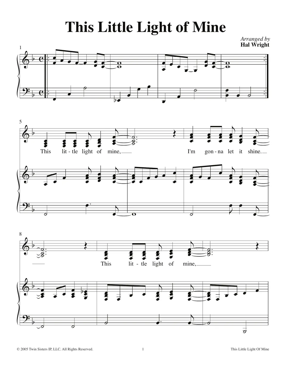 This Little Light of Mine, arranged by Hal Wright: voice and piano score in F major, intro and first verse, bars 1-10
